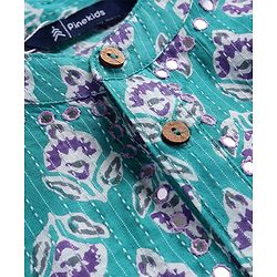Pine Kids Cotton Woven Full Sleeves Kurta Pyjama Set with Floral Print - Turquoise