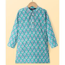 Pine Kids Cotton Woven Full Sleeves Kurta Pyjama Set with Floral Print - Turquoise