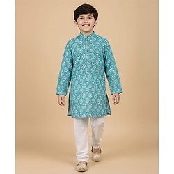 Pine Kids Cotton Woven Full Sleeves Kurta Pyjama Set with Floral Print - Turquoise