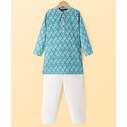 Pine Kids Cotton Woven Full Sleeves Kurta Pyjama Set with Floral Print - Turquoise