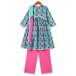 Pine Kids Cotton Woven Three Fourth Sleeves Kurta & Churidar with Dupatta Set Floral Print - Pink