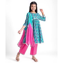 Pine Kids Cotton Woven Three Fourth Sleeves Kurta & Churidar with Dupatta Set Floral Print - Pink