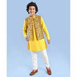 Pine Kids Viscose Woven Full Sleeves Solid Kurta Pyjama Set with Floral Printed Jacket - Yellow