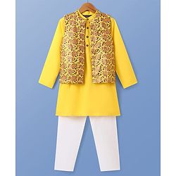 Pine Kids Viscose Woven Full Sleeves Solid Kurta Pyjama Set with Floral Printed Jacket - Yellow