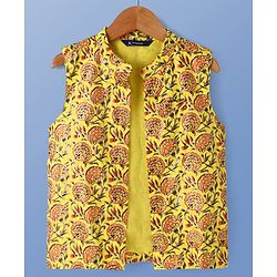 Pine Kids Viscose Woven Full Sleeves Solid Kurta Pyjama Set with Floral Printed Jacket - Yellow