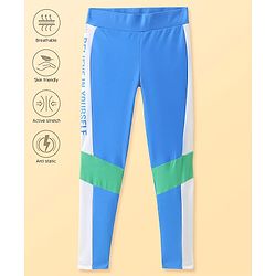 Pine Active Knit Full Length Super Stretch Leggings With Cut & Sew Design & Text Print On Side - Blue & Green