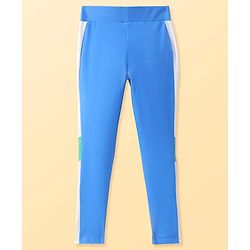 Pine Active Knit Full Length Super Stretch Leggings With Cut & Sew Design & Text Print On Side - Blue & Green