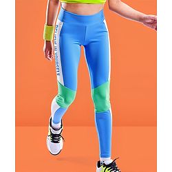 Pine Active Knit Full Length Super Stretch Leggings With Cut & Sew Design & Text Print On Side - Blue & Green