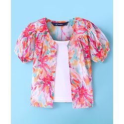 Pine Kids Woven Half Sleeves Floral Printed Top with Solid Colour Vest - White & Pink