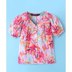 Pine Kids Woven Half Sleeves Floral Printed Top with Solid Colour Vest - White & Pink
