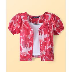 Pine Kids Woven Half Puffed Sleeves Floral Printed Top with Inner - Dark Pink & White