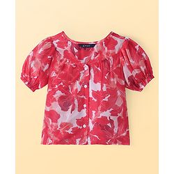 Pine Kids Woven Half Puffed Sleeves Floral Printed Top with Inner - Dark Pink & White