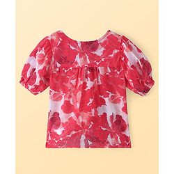 Pine Kids Woven Half Puffed Sleeves Floral Printed Top with Inner - Dark Pink & White