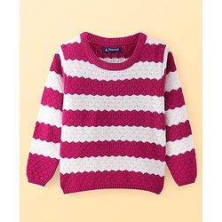 Pine Kids Knitted Full Sleeves Textured Pullover Sweater - White & Fuchsia