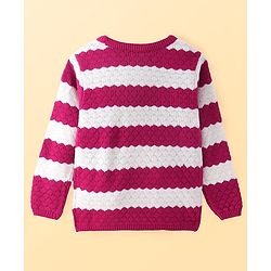 Pine Kids Knitted Full Sleeves Textured Pullover Sweater - White & Fuchsia