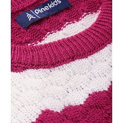 Pine Kids Knitted Full Sleeves Textured Pullover Sweater - White & Fuchsia