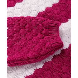 Pine Kids Knitted Full Sleeves Textured Pullover Sweater - White & Fuchsia