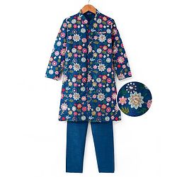 Pine Kids Woven Full Sleeves Kurta Pyjama Set with Floral Sequin Embroidery - Navy Blue