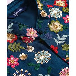Pine Kids Woven Full Sleeves Kurta Pyjama Set with Floral Sequin Embroidery - Navy Blue