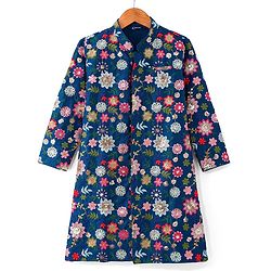 Pine Kids Woven Full Sleeves Kurta Pyjama Set with Floral Sequin Embroidery - Navy Blue