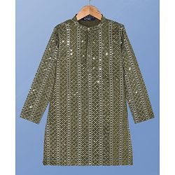 Pine Kids Woven Full Sleeves Sequinned Kurta Pyjama Set - Olive Green