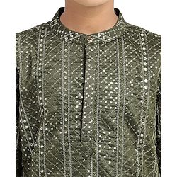 Pine Kids Woven Full Sleeves Sequinned Kurta Pyjama Set - Olive Green