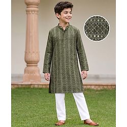 Pine Kids Woven Full Sleeves Sequinned Kurta Pyjama Set - Olive Green