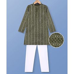 Pine Kids Woven Full Sleeves Sequinned Kurta Pyjama Set - Olive Green