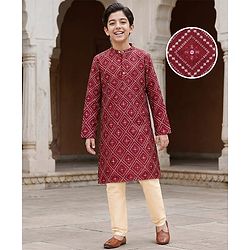 Pine Kids Woven Full Sleeves Sequinned Kurta Pyjama Set - Maroon