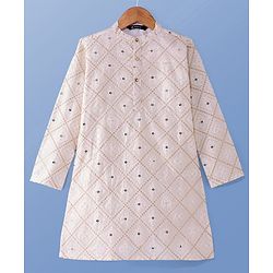 Pine KIds Woven Full Sleeves Kurta Pyjama Set with Sequin Embroidery - White