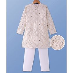 Pine KIds Woven Full Sleeves Kurta Pyjama Set with Sequin Embroidery - White