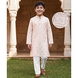 Pine KIds Woven Full Sleeves Kurta Pyjama Set with Sequin Embroidery - White