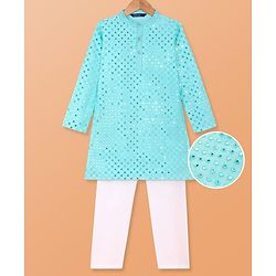 Pine Kids Woven Full Sleeves Kurta Pyjama Set with Mirror Work - Light Blue