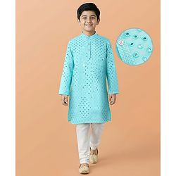 Pine Kids Woven Full Sleeves Kurta Pyjama Set with Mirror Work - Light Blue