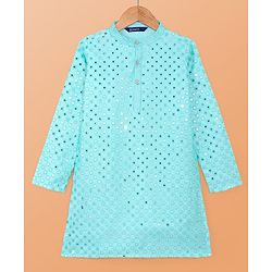 Pine Kids Woven Full Sleeves Kurta Pyjama Set with Mirror Work - Light Blue