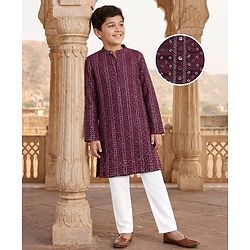 Pine Kids Woven Full Sleeves Sequin Embroidered Kurta Pyjama Set - Wine