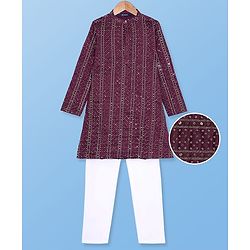 Pine Kids Woven Full Sleeves Sequin Embroidered Kurta Pyjama Set - Wine
