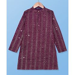 Pine Kids Woven Full Sleeves Sequin Embroidered Kurta Pyjama Set - Wine