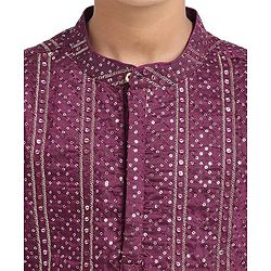 Pine Kids Woven Full Sleeves Sequin Embroidered Kurta Pyjama Set - Wine