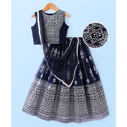 Pine Kids Woven Sleeveless Sequin Embroidered Choli Lehenga Set with Dupatta - Navy Blue
