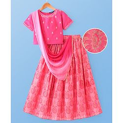 Pine Kids Woven Half Sleeves Choli Lehenga & Dupatta Set with Floral Embroidery & Foil Print - Pink