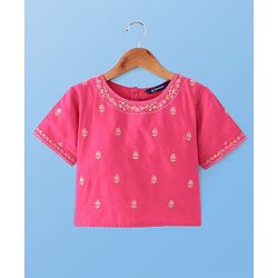 Pine Kids Woven Half Sleeves Choli Lehenga & Dupatta Set with Floral Embroidery & Foil Print - Pink