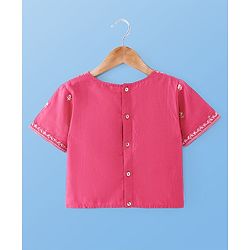 Pine Kids Woven Half Sleeves Choli Lehenga & Dupatta Set with Floral Embroidery & Foil Print - Pink