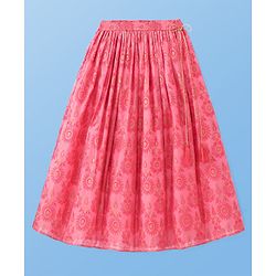 Pine Kids Woven Half Sleeves Choli Lehenga & Dupatta Set with Floral Embroidery & Foil Print - Pink