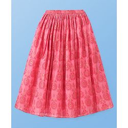 Pine Kids Woven Half Sleeves Choli Lehenga & Dupatta Set with Floral Embroidery & Foil Print - Pink