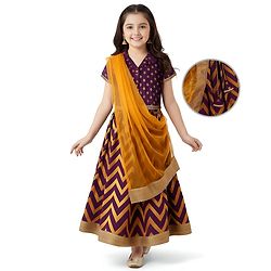 Pine Kids Woven Half Choli Lehenga & Dupatta Set With Foil Print & Tassel Detailing - Wine