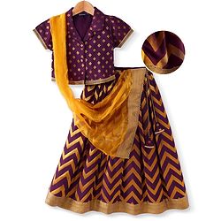 Pine Kids Woven Half Choli Lehenga & Dupatta Set With Foil Print & Tassel Detailing - Wine