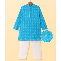 Pine Kids Cotton Woven Full Sleeves Solid Kurta Pyjama Set - Light Blue