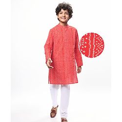 Pine Kids Cotton Woven Full Sleeves Kurta Pyjama Set with Bandhani Print - Red