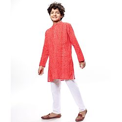Pine Kids Cotton Woven Full Sleeves Kurta Pyjama Set with Bandhani Print - Red